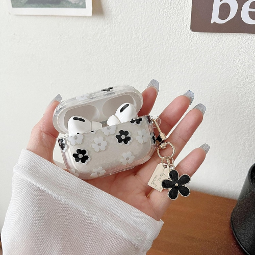 AirPod Pro 2 Case with Keychain, Cute Cartoon Flower Pattern Design with Floral Keychain, Soft TPU Shockproof Protective Case for AirPod Pro 2 - Black
