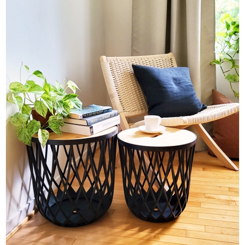 PRISP Timballa Storage Basket Table - Round Coffee Table, Side Table, End Table with Bamboo Lid, for Living Room, Bedroom, Patio & Balcony Decor