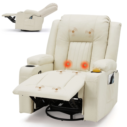 AECOJOY – Fauteuil de massage inclinable manuel chauffant et pivotant à 360°, deux porte-gobelets et pochettes latérales, blanc