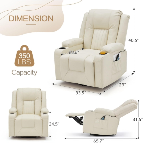 AECOJOY – Fauteuil de massage inclinable manuel chauffant et pivotant à 360°, deux porte-gobelets et pochettes latérales, blanc