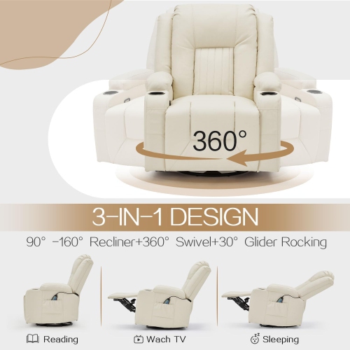 AECOJOY – Fauteuil de massage inclinable manuel chauffant et pivotant à 360°, deux porte-gobelets et pochettes latérales, blanc