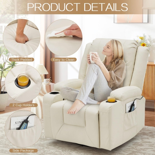 AECOJOY – Fauteuil de massage inclinable manuel chauffant et pivotant à 360°, deux porte-gobelets et pochettes latérales, blanc