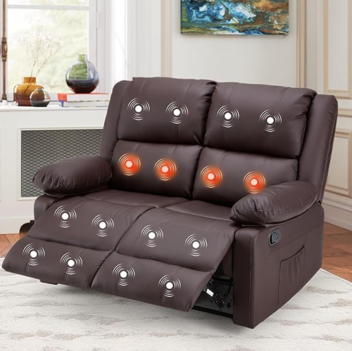 Causeuse inclinable AECOJOY avec fonction massage et chaleur, causeuse inclinable moderne 2 places avec pochettes latérales, brun
