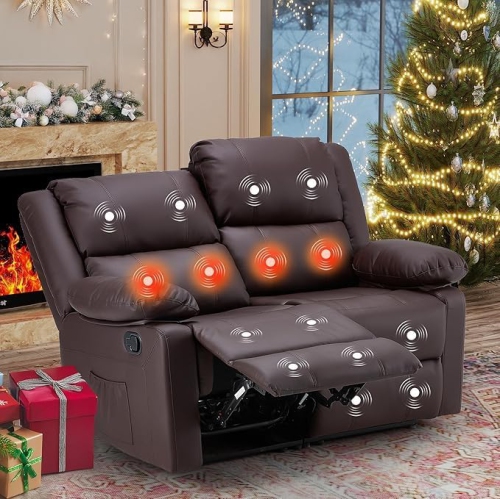 Causeuse inclinable AECOJOY avec fonction massage et chaleur, causeuse inclinable moderne 2 places avec pochettes latérales, brun