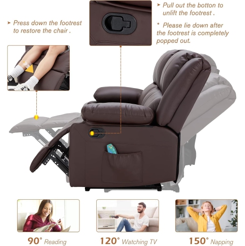 Causeuse inclinable AECOJOY avec fonction massage et chaleur, causeuse inclinable moderne 3 places avec pochettes latérales, brun
