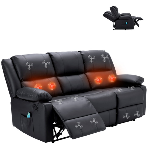 Causeuse inclinable AECOJOY avec fonction massage et chaleur, causeuse inclinable moderne 3 places avec pochettes latérales, noir