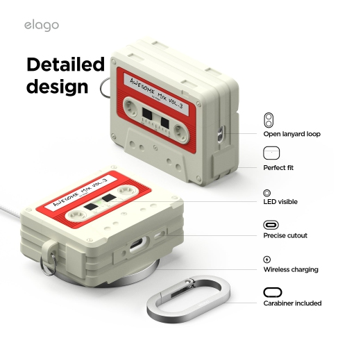 elago Cassette Tape Case for AirPods Pro 3 Case - Carabiner Included, Supports Wireless Charging, Shock Resistant, Full Protection, Headphone