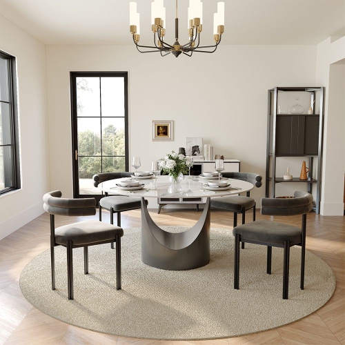 POVISON Hobart - Round Glossy Sintered Stone Dining Table 51" With White and Gunmetal