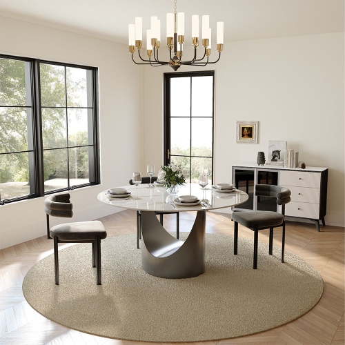 POVISON Hobart - Round Glossy Sintered Stone Dining Table 51" With White and Gunmetal