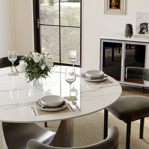 POVISON Hobart - Round Glossy Sintered Stone Dining Table 51" With White and Gunmetal