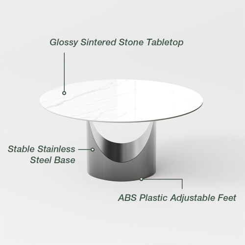 POVISON Hobart - Round Glossy Sintered Stone Dining Table 51" With White and Gunmetal