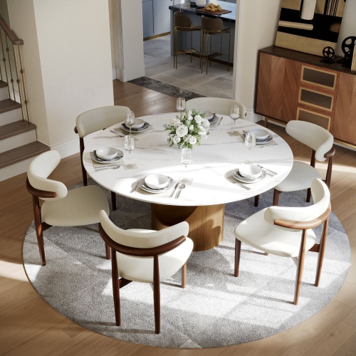 POVISON Hobart - Round Glossy Sintered Stone Dining Table 59" With White and Gold