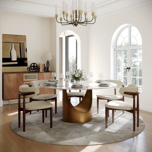 POVISON Hobart - Round Glossy Sintered Stone Dining Table 59" With White and Gold