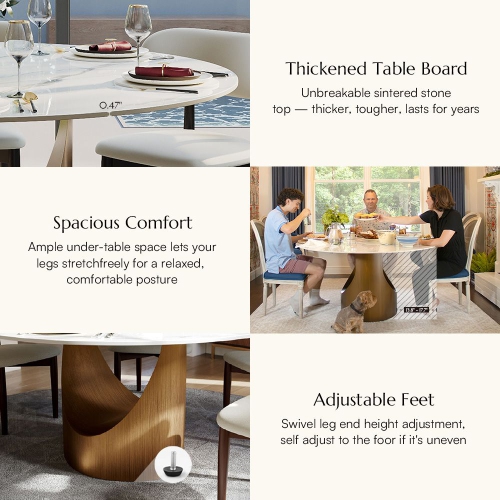 POVISON Hobart - Round Glossy Sintered Stone Dining Table 59" With White and Gold