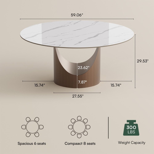 POVISON Hobart - Round Glossy Sintered Stone Dining Table 59" With White and Gold