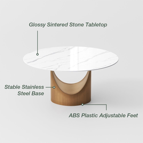 POVISON Hobart - Round Glossy Sintered Stone Dining Table 59" With White and Gold