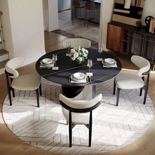 POVISON Hobart - Round Matte Sintered Stone Dining Table 51" with Black and Gunmetal