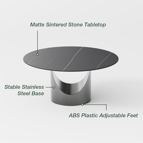 POVISON Hobart - Round Matte Sintered Stone Dining Table 51" with Black and Gunmetal