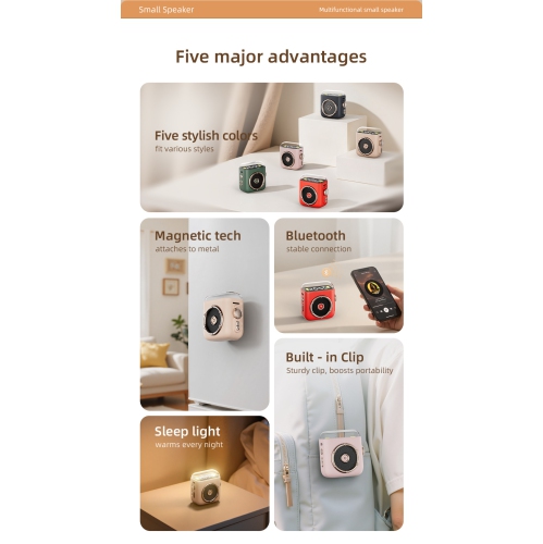 Nouveau mini haut-parleur Bluetooth rétro avec pince magnétique, mini haut-parleur Cartoon portatif extérieur - Rouge