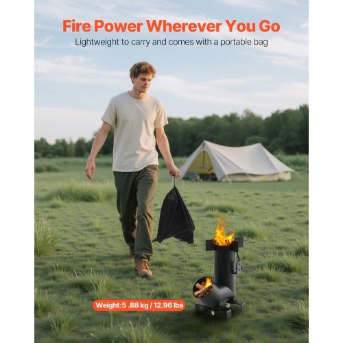 Fusée de camping VEVOR, poêle à fusée portative à bois avec sac de transport pour sac à dos, acier au carbone, bois brûlé, brindilles ou bâtons pour