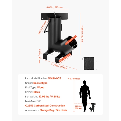 Fusée de camping VEVOR, poêle à fusée portative à bois avec sac de transport pour sac à dos, acier au carbone, bois brûlé, brindilles ou bâtons pour