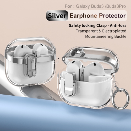 This Galaxy earphone case is drop-resistant and compatible with the Buds 3/3 Pro earphones - Silver - It comes with a clear electroplated buckle and