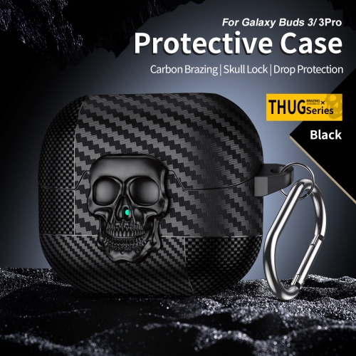 Carbon fiber skull pattern Galaxy Buds 3/3 Pro earphone case for Samsung earphones, soft case, personalized Buds 3/3 Pro - Dark Black, with a thug