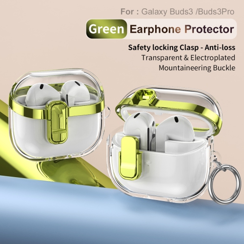 This Galaxy earphone case is compatible with Buds 3/3 Pro earphones. It comes in light green and features a transparent electroplated buckle and