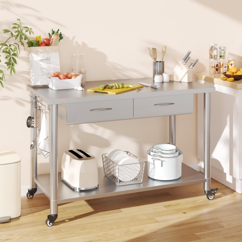 AECOJOY Stainless Steel Work Table with 2 Drawers, 48"x24" Commercial Kitchen Prep Table with Casters