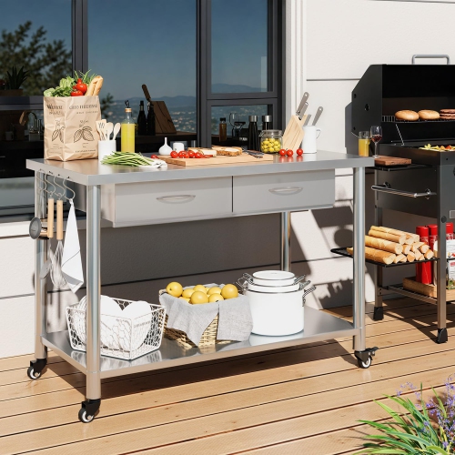 AECOJOY Stainless Steel Work Table with 2 Drawers, 48"x24" Commercial Kitchen Prep Table with Casters