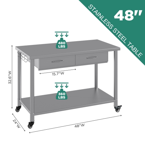 AECOJOY Stainless Steel Work Table with 2 Drawers, 48"x24" Commercial Kitchen Prep Table with Casters