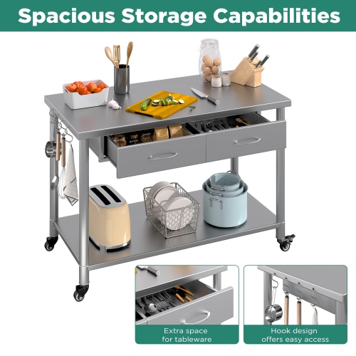 AECOJOY Stainless Steel Work Table with 2 Drawers, 48"x24" Commercial Kitchen Prep Table with Casters
