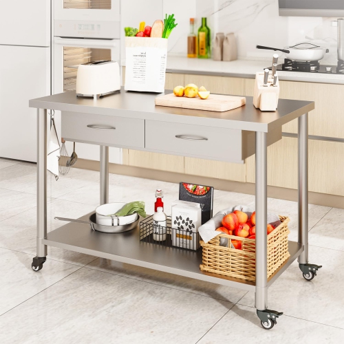 AECOJOY Stainless Steel Work Table with 2 Drawers, 48"x24" Commercial Kitchen Prep Table with Casters