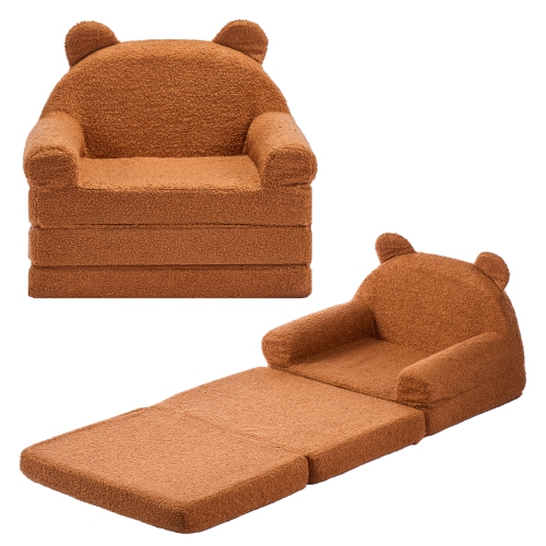 VEVOR 2-in-1 Kids Sofa, Foldable Bear Toddler Soft Couch with Armrests, Made of 28D Sponge & Teddy Fleece, Convertible Toddler Chair to Lounger, Kid