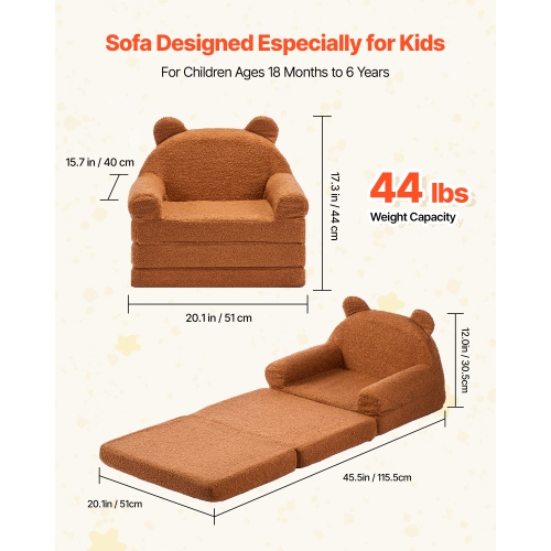 VEVOR 2-in-1 Kids Sofa, Foldable Bear Toddler Soft Couch with Armrests, Made of 28D Sponge & Teddy Fleece, Convertible Toddler Chair to Lounger, Kid