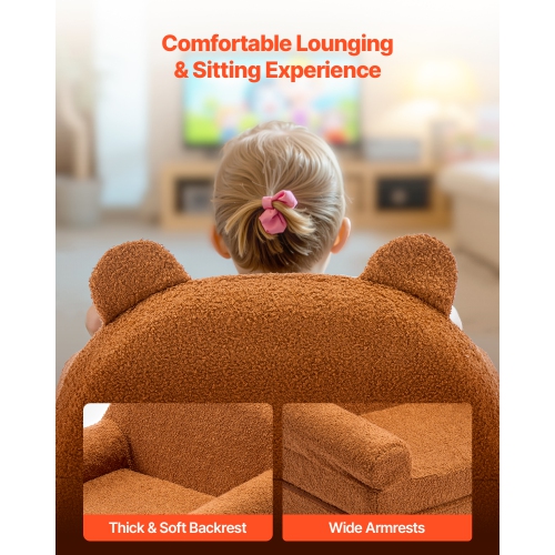 VEVOR 2-in-1 Kids Sofa, Foldable Bear Toddler Soft Couch with Armrests, Made of 28D Sponge & Teddy Fleece, Convertible Toddler Chair to Lounger, Kid