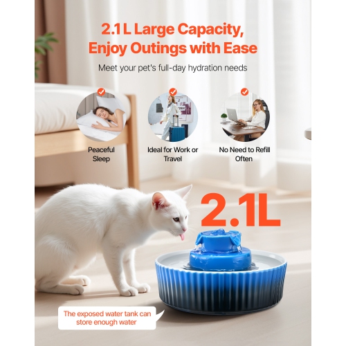 VEVOR Ceramic Cat Water Fountain, 2.1L/71oz Cupcake Pet Fountain, Porcelain Cat Water Dispenser with Ultra-Quiet Pump, 360° Drinking Area , for Cats