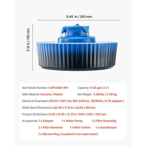 VEVOR Ceramic Cat Water Fountain, 2.1L/71oz Cupcake Pet Fountain, Porcelain Cat Water Dispenser with Ultra-Quiet Pump, 360° Drinking Area , for Cats