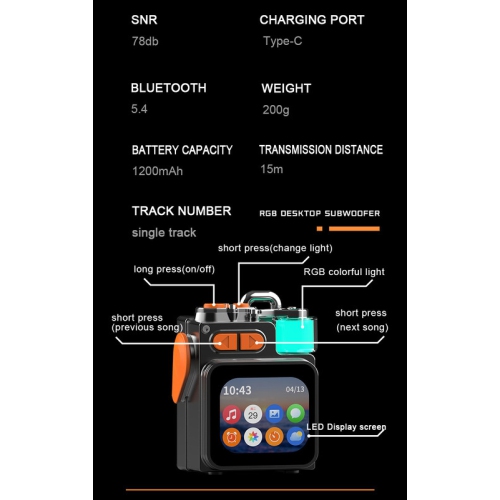 Portable Outdoor Bluetooth Speaker - Powerful sound, mini touchscreen, RGB lighting, metal body, and long battery life for gaming, movies, and