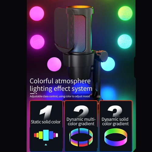 Microphone à condensateur USB avec réduction intelligente du bruit et éclairage RVB coloré pour les voix de jeu sur ordinateur