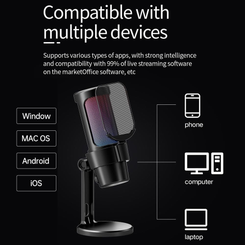 Microphone à condensateur USB avec réduction intelligente du bruit et éclairage RVB coloré pour les voix de jeu sur ordinateur