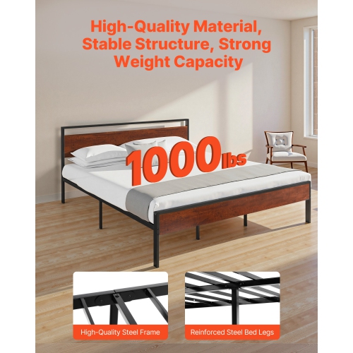VEVOR King Size Bed Frame, 14 Inch Black Metal Platform Bed Frame with Retro Brown Wooden Headboard and Footboard, Large Under-Bed Storage, Non-Slip