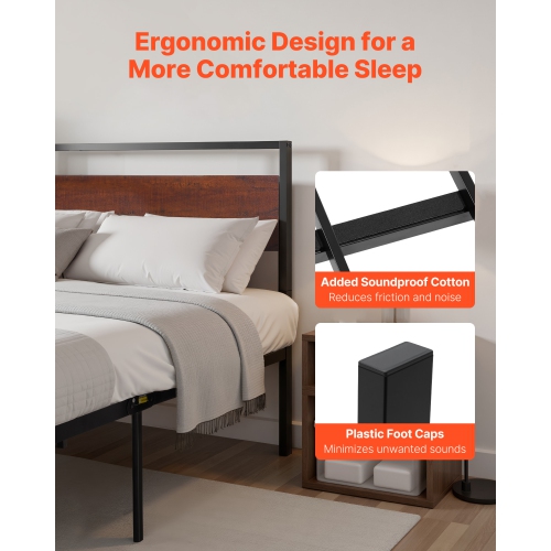VEVOR King Size Bed Frame, 14 Inch Black Metal Platform Bed Frame with Retro Brown Wooden Headboard and Footboard, Large Under-Bed Storage, Non-Slip