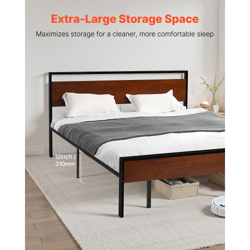 VEVOR King Size Bed Frame, 14 Inch Black Metal Platform Bed Frame with Retro Brown Wooden Headboard and Footboard, Large Under-Bed Storage, Non-Slip