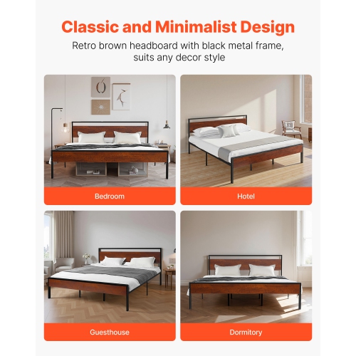 VEVOR King Size Bed Frame, 14 Inch Black Metal Platform Bed Frame with Retro Brown Wooden Headboard and Footboard, Large Under-Bed Storage, Non-Slip