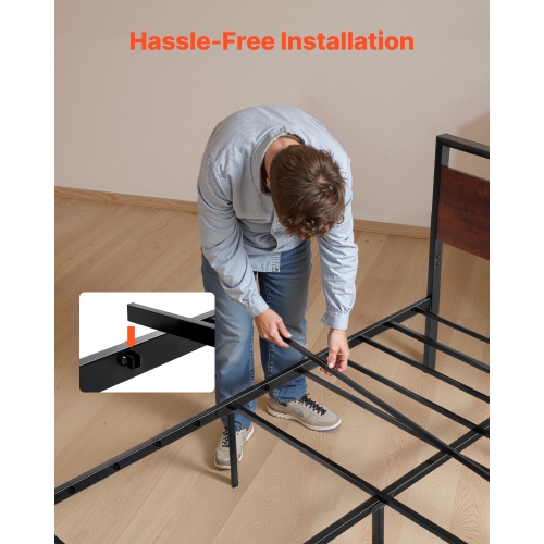 VEVOR King Size Bed Frame, 14 Inch Black Metal Platform Bed Frame with Retro Brown Wooden Headboard and Footboard, Large Under-Bed Storage, Non-Slip