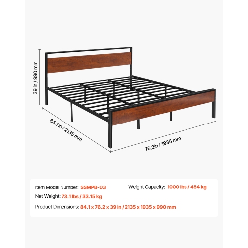 VEVOR King Size Bed Frame, 14 Inch Black Metal Platform Bed Frame with Retro Brown Wooden Headboard and Footboard, Large Under-Bed Storage, Non-Slip