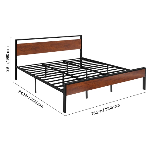 VEVOR King Size Bed Frame, 14 Inch Black Metal Platform Bed Frame with Retro Brown Wooden Headboard and Footboard, Large Under-Bed Storage, Non-Slip