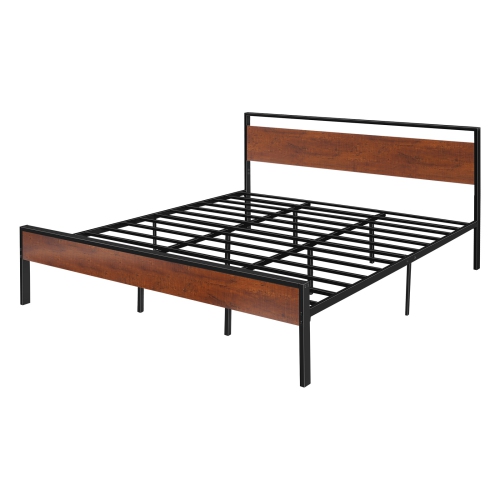 VEVOR King Size Bed Frame, 14 Inch Black Metal Platform Bed Frame with Retro Brown Wooden Headboard and Footboard, Large Under-Bed Storage, Non-Slip