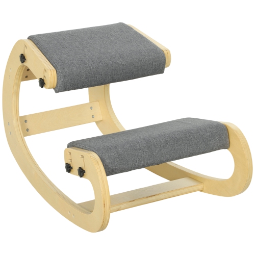 HOMCOM Ergonomic Kneeling Chair, Adjustable Rocking Wood Kneeling Stool, Desk Chair for Office, Improve Posture, Back Pain, Grey